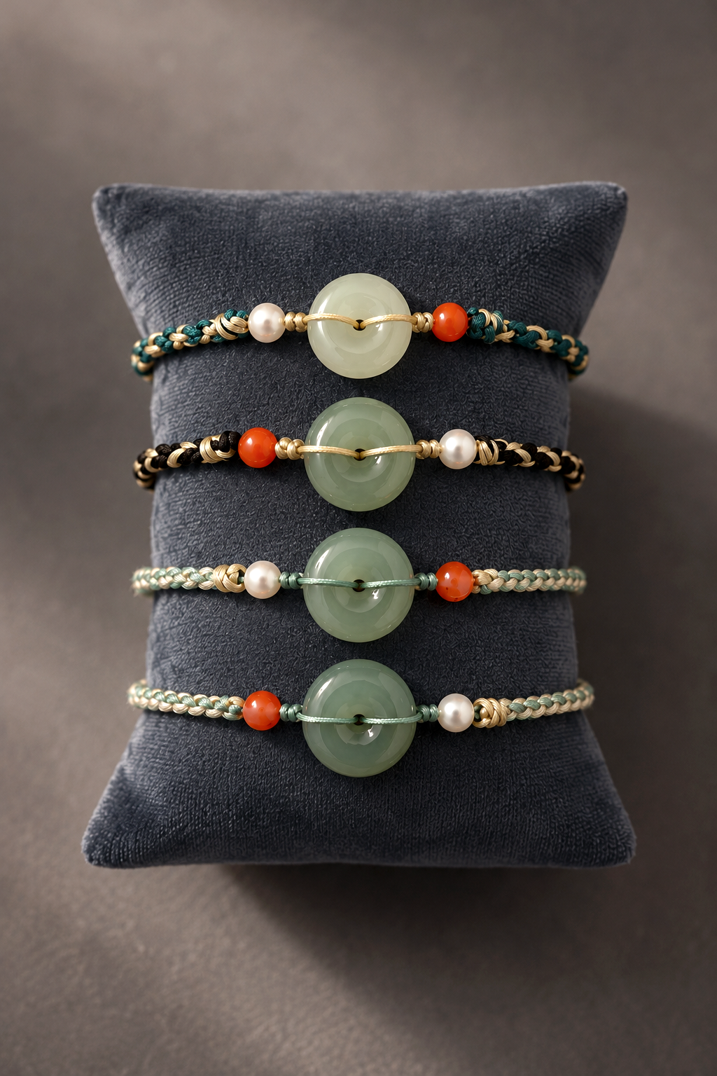 Four handmade nephrite jade donut bracelets with braided cords and tassels