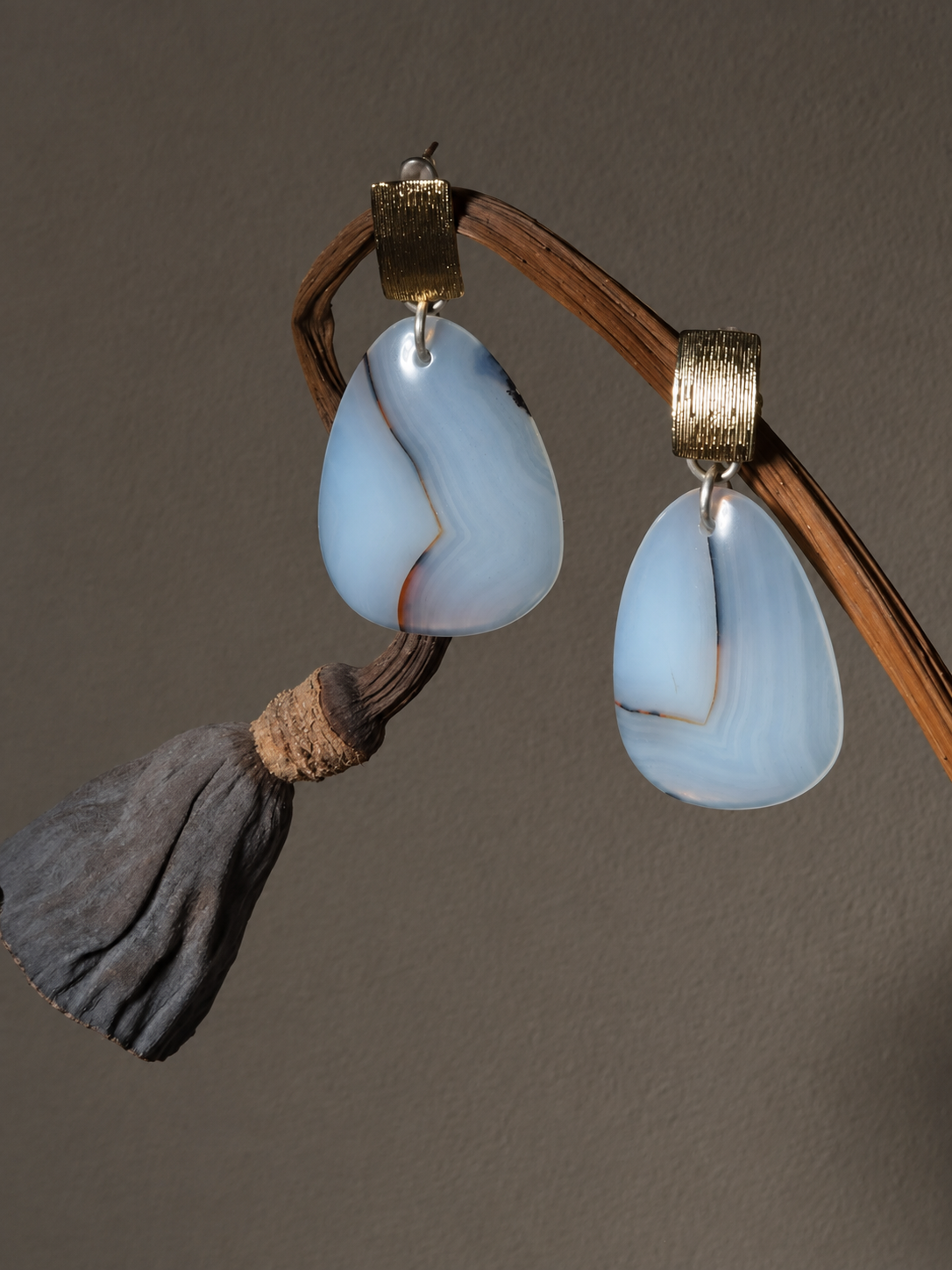 One-of-a-kind natural agate drop earrings with gold-tone sterling silver studs