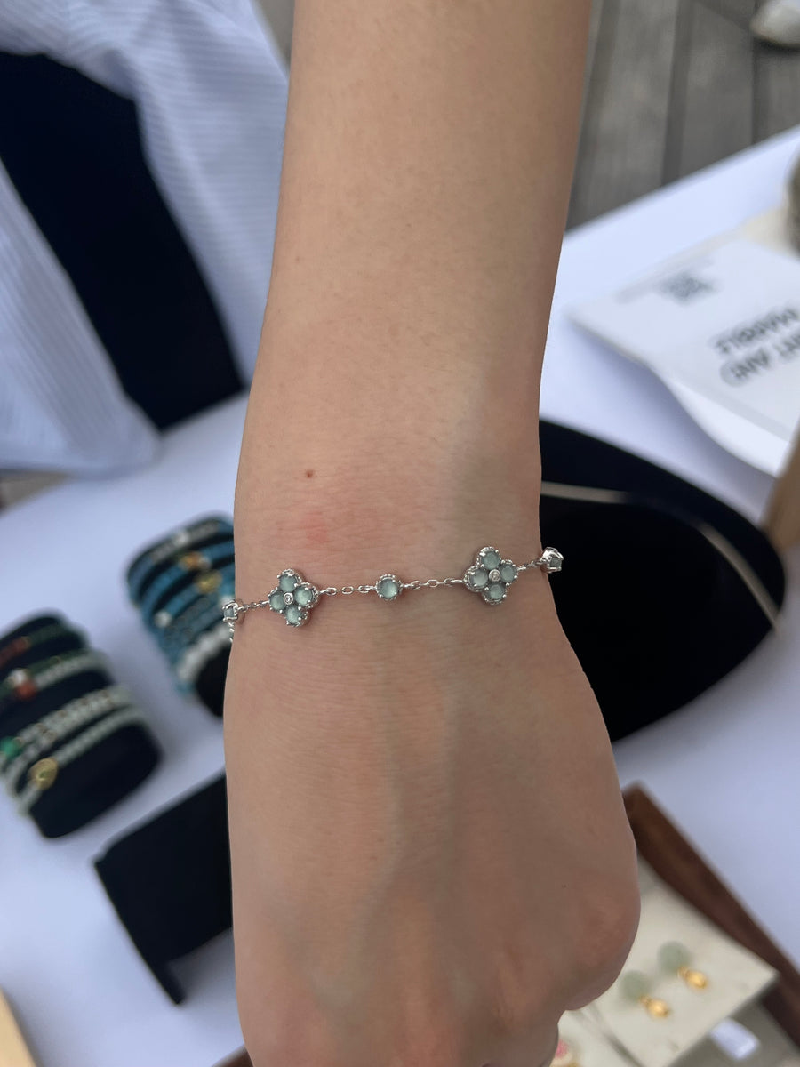 Customer wearing a blue water jadeite clover bracelet